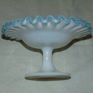 Vintage Fenton Pedestial Cady Dish milk Glass / Aqua Blue Ruffled Edge